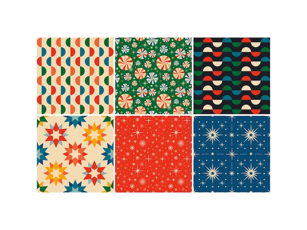 Padrões vintage retrô de Natal sem costura no estilo dos anos 60 e 70