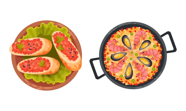 Vetor paella com frutos do mar e sanduíches com forcemeat como prato de cozinha espanhola servido acima view vector set