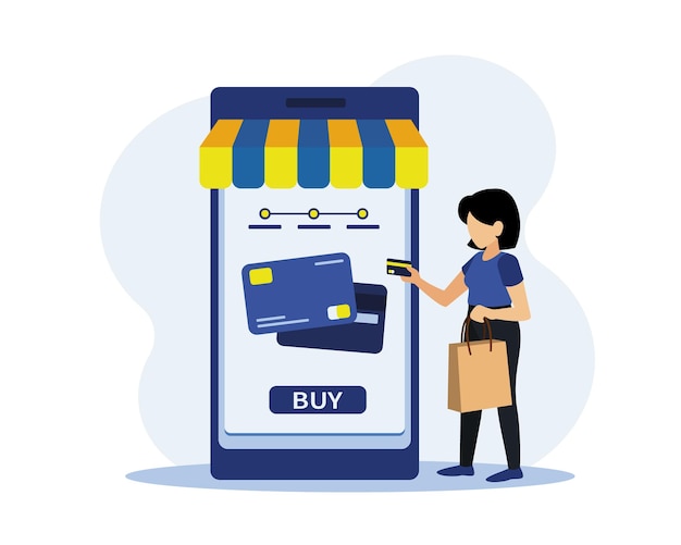 Pagamento pela Internet Garota sem rosto com sacola de compras na mão em frente à tela do smartphone enquanto paga com cartão de crédito Ilustração vetorial plana
