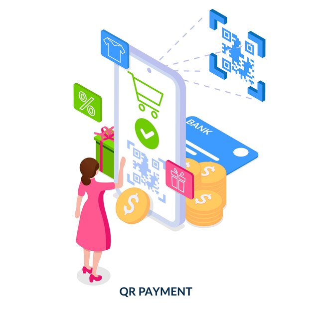 Pagamento QR. Garota fazendo compras via smartphone usando o scanner QR. Ilustração vetorial