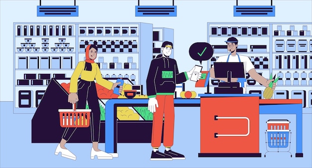 Pagamento sem fios no supermercado ilustração plana de desenho animado