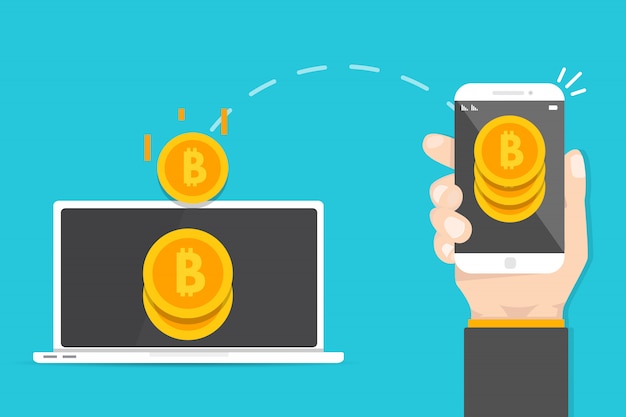 Pagamentos ponto a ponto. Smartphone para PC transferir dinheiro. Transação de criptomoeda. Ilustração vetorial