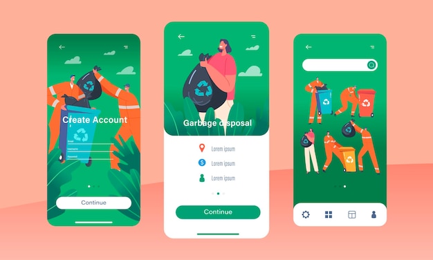 Página de aplicativo móvel para descarte de lixo modelo de tela a bordo catadores coletam lixo para lixeiras mulher joga lixo
