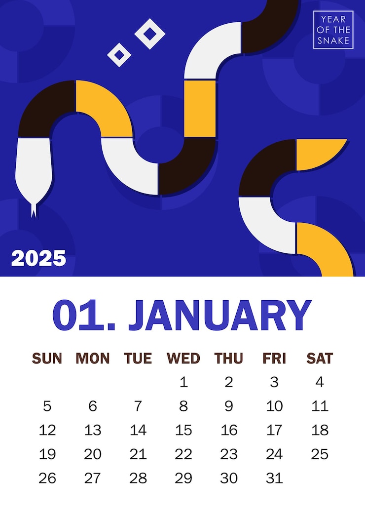 Vetor página de calendário de moda de 2025 em estilo bauhaus para janeiro com cobra geométrica colorida e texto em negrito