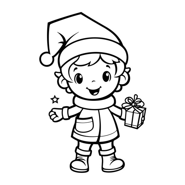 Vetor página de coloração de uma criança feliz natal fundo de natal com boneco de neve papai noel página de coloração