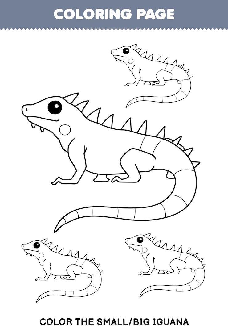 Vetor página de coloração grande ou pequena imagem de iguana bonita arte de linha folha de trabalho de animais de estimação imprimível