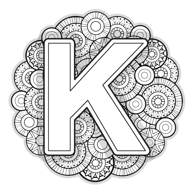 Página de coloração vetorial para adultos Contorno preto e branco Letra inglesa maiúscula K em um fundo de mandala