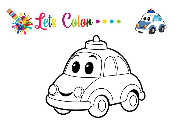 Vetor página de colorir de carros de polícia de desenho animado para crianças atividade imprimível para aprendizagem pré-escolar