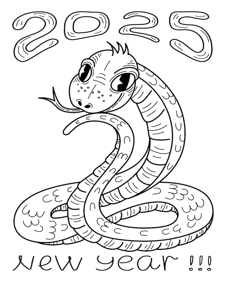 Vetor página de colorir de cobra bonita para o ano novo 2025 ilustração de esboço desenhada à mão para crianças e adultos