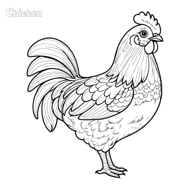 Vetor página de colorir desenhada à mão de frango e hean e desenho vetorial de contorno