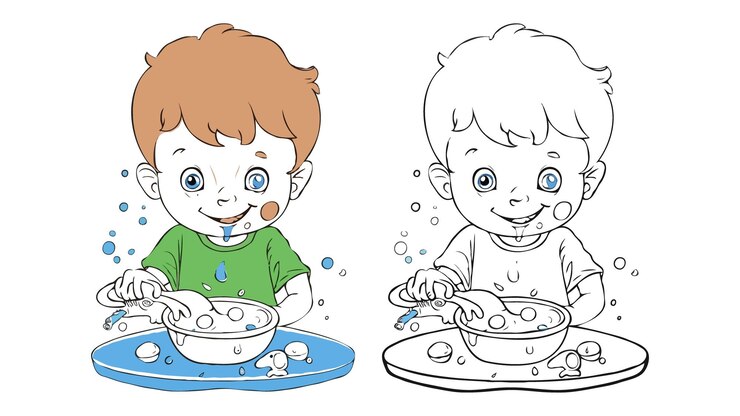 Vetor página de colorir desenho simples de personagem de desenho animado na loja de bolos livro de colorir