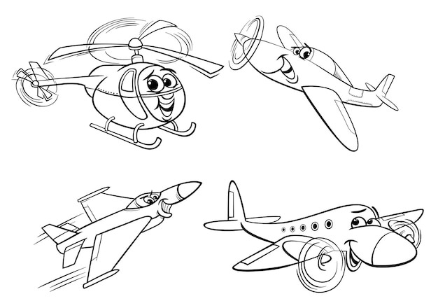 Página de colorir desenhos animados de aviões e helicópteros