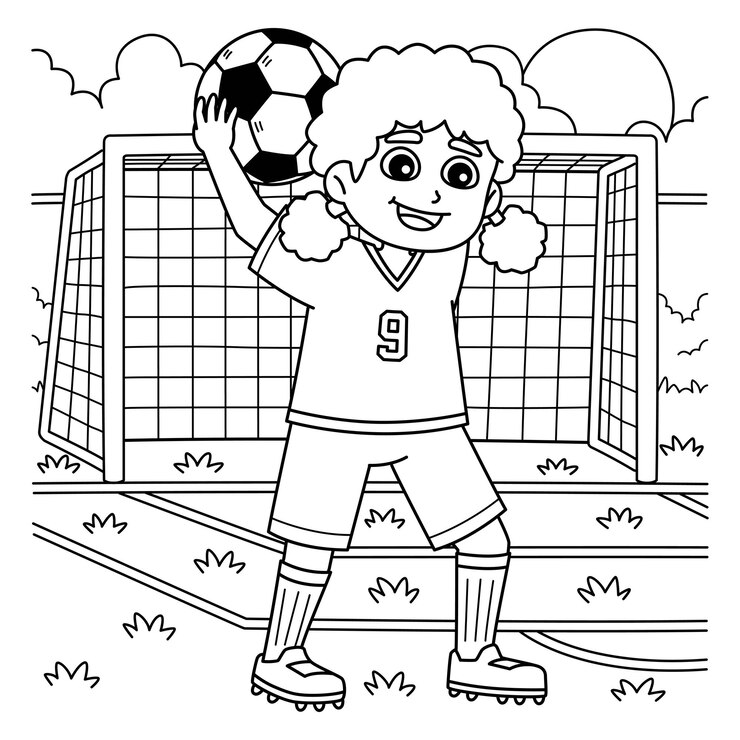 Vetor página de colorir jogadora de futebol feminina