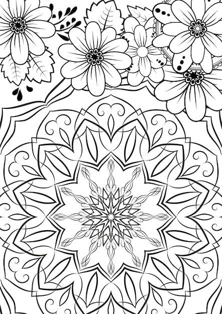 Vetor página de colorir mandala para adultos contorno simples padrão floral para colorir contorno de mandala preto