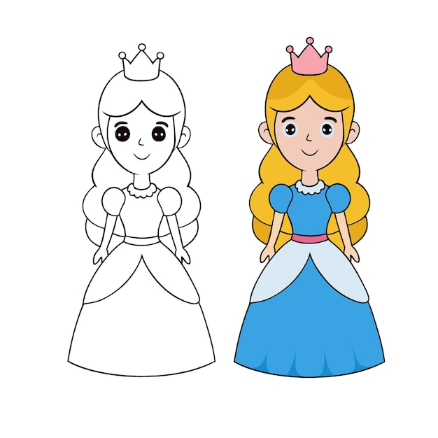 Página de colorir princesa divertida para crianças apresenta uma princesa encantadora com um vestido fluindo um brilhante
