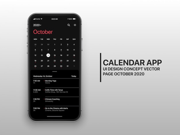 Página de conceito ux do aplicativo de calendário do modo escuro