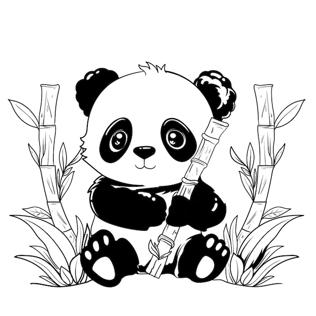 Página de contorno de panda bebê fofo de livro de colorir para crianças esboços pintados à mão em preto e branco