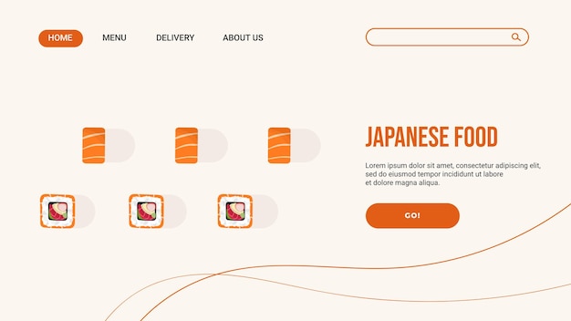 Página de destino da página da web para promoções de vendas para restaurante japonês com rolos em fundo bege