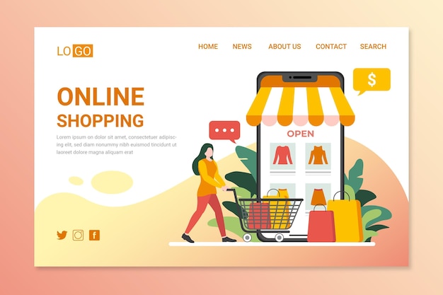 Página de destino de compras on-line de design plano