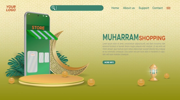 Página de destino de compras on-line muharram com smartphone realista e exibição de pódio 3d