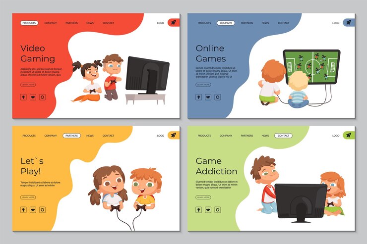 Vetor página de destino de jogos. crianças com videogames, vícios e brincadeiras.