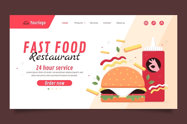 Página de destino de um restaurante de comida saborosa de design plano