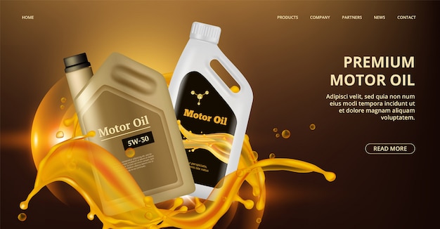 Página de destino do óleo do motor. página da web de óleo de motor. canistre plástico realista, banner de reparo do carro