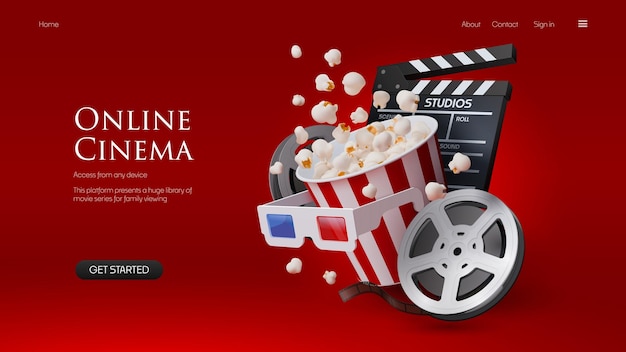 Página de destino do portal de cinema em 3D com pipocas