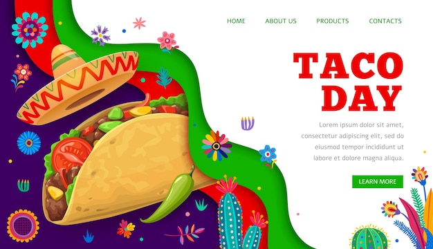 Vetor página de destino do restaurante de cozinha mexicana taco day