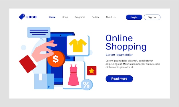Página de destino do site de comércio eletrônico de design plano