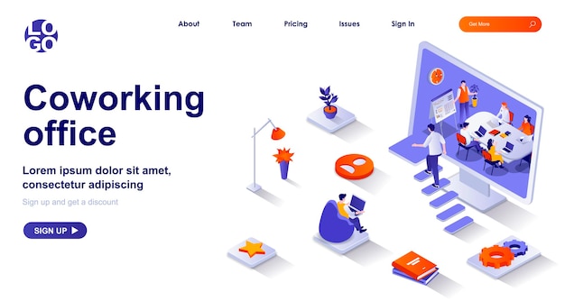 Página de destino isométrica 3D do escritório de coworking com personagens de pessoas