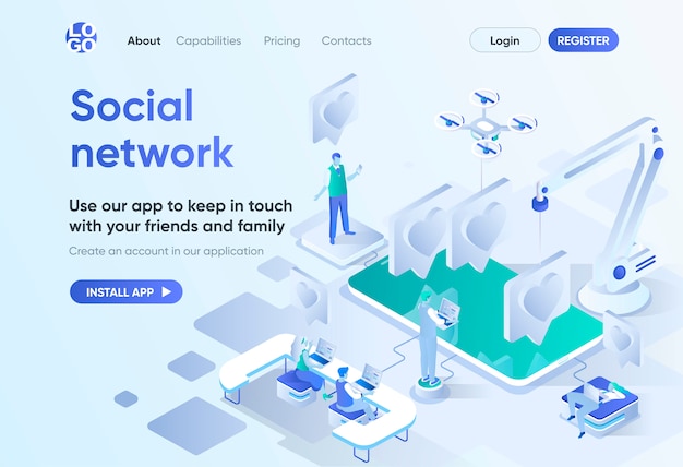 Página de destino isométrica de rede social. comunicação online com amigos e familiares, compartilhamento de conteúdo de mídia social. modelo de mensagens para o cms e o construtor de sites. cena de isometria com caracteres de pessoas