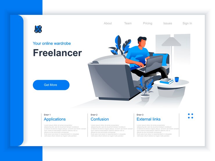 Vetor página de destino isométrica de trabalho freelance. jovem que trabalha com o laptop em condições confortáveis em situação de escritório em casa. trabalho remoto na empresa e design plano de perspectiva de ocupação por conta própria.