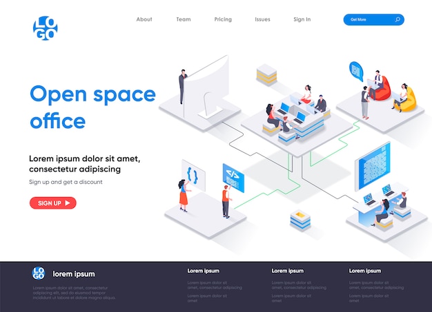 Página de destino isométrica do escritório em espaço aberto