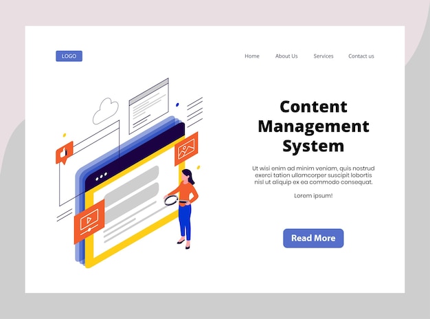 Página de destino isométrica do sistema de gerenciamento de conteúdo