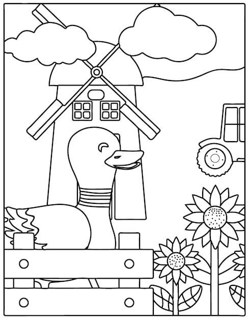 Página de livro de colorir de animais de fazenda de patos para crianças estilo de desenho animado