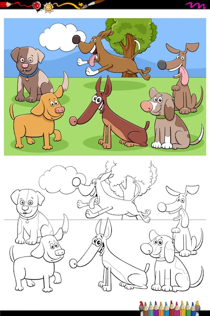 Página de livro de cor de grupo de caracteres de cães e filhotes de cachorro