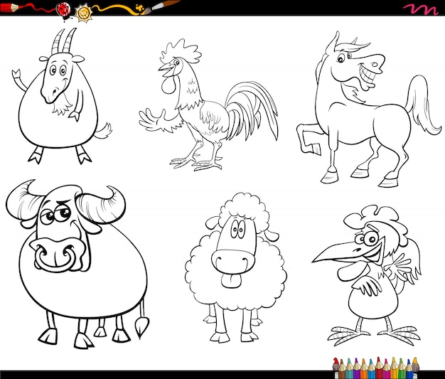 Página de livro para colorir de desenhos animados de animais de fazenda