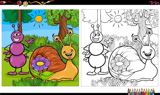 Página de livro para colorir de personagens de desenhos animados formiga e caracol