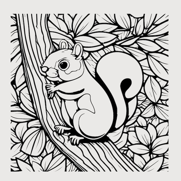página de livro para colorir em preto e branco com contorno de vetor de esquilo para crianças