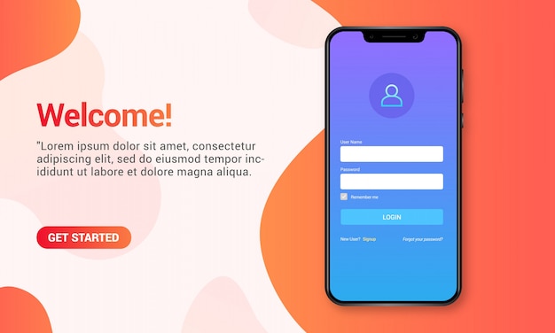 Vetor página de login na maquete móvel realista, página inicial com smartphone