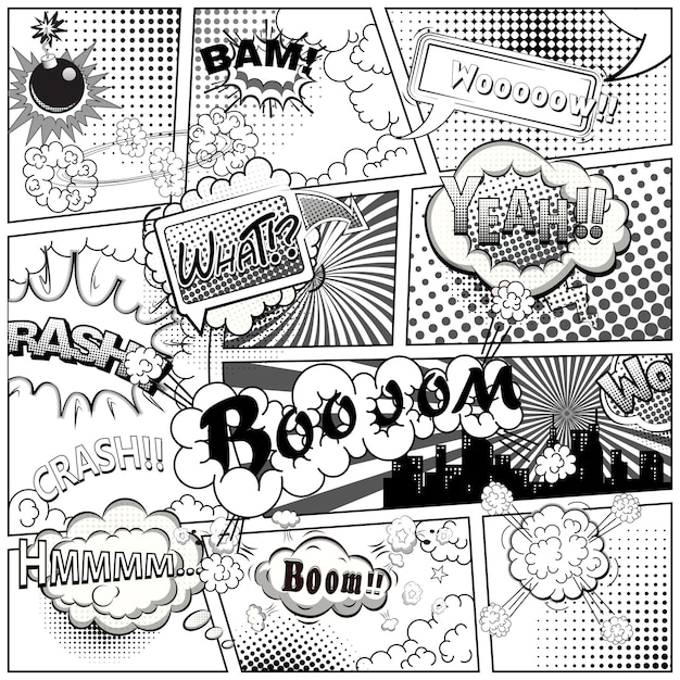 Página de quadrinhos em preto e branco dividida por linhas com bolhas de fala e efeito de sons. ilustração vetorial