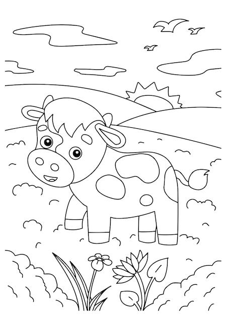 Página de vaca de livro de colorir para crianças