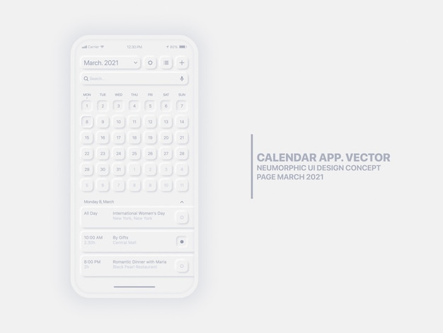 Vetor página do aplicativo móvel do calendário março