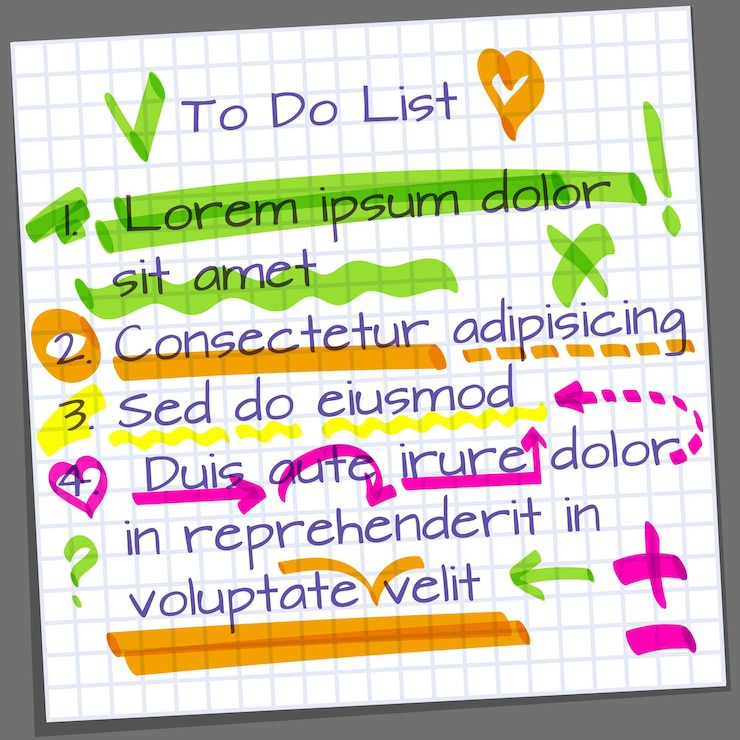 Vetor página do caderno com elementos de marcador de texto.
