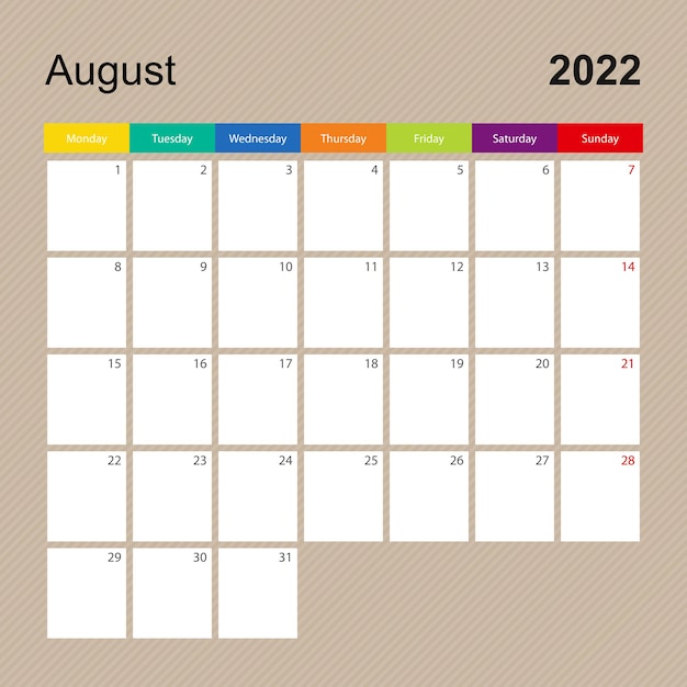 Página do calendário de agosto de 2022, planejador de parede com desenho colorido. a semana começa na segunda-feira.