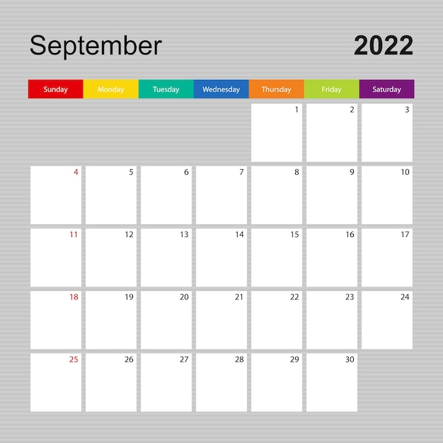 Página do calendário de setembro de 2022, planejador de parede com desenho colorido. a semana começa no domingo.