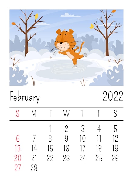 Página do calendário para fevereiro de 2022. tigre bonito dos desenhos animados está patinando na pista de gelo. paisagem de inverno.