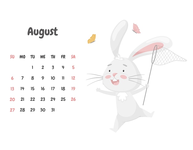 Página do calendário para o mês de agosto de 2023 com um coelho engraçado fofo pegando borboletas com uma rede Animal adorável um personagem em cores pastel Calendário infantil Ilustração vetorial em branco