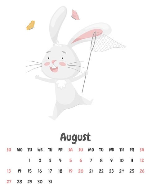 Página do calendário para o mês de agosto de 2023 com um coelho engraçado fofo pegando borboletas com uma rede Animal adorável um personagem em cores pastel Calendário infantil Ilustração vetorial em branco